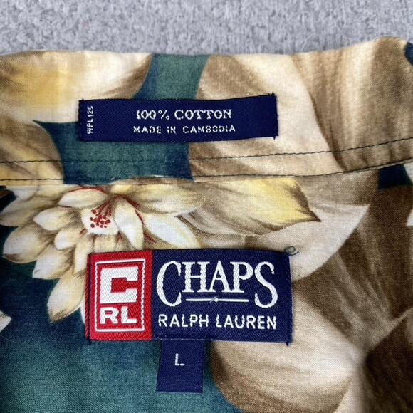 Chaps Ralph Lauren Button Short Sleeve Shirt Men's Large Green Floral Hawaiian - Picture 3 of 8